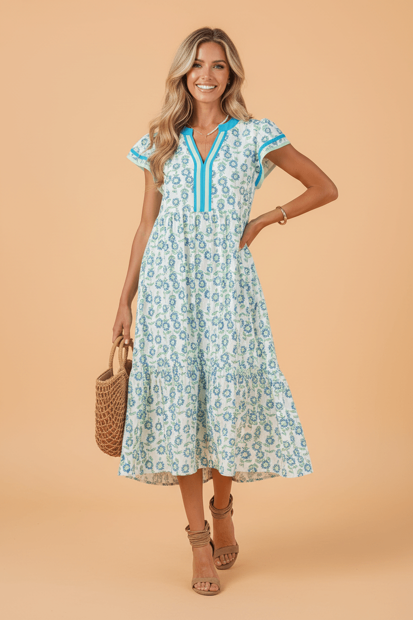 Sunflower Stripe Patchwork Flutter Sleeve Midi Dress - Rooted & Reckless Co.