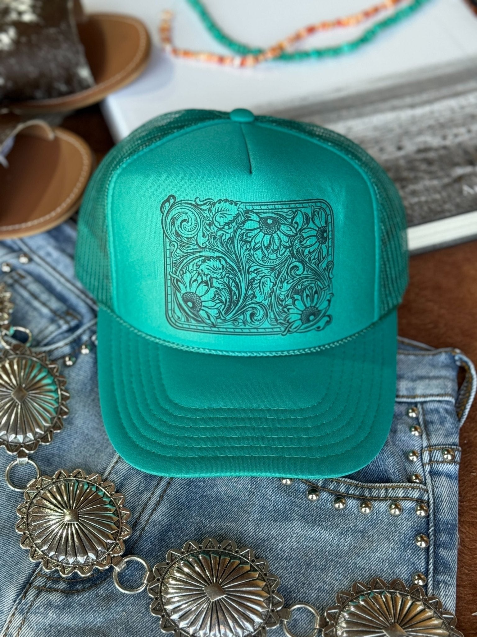 Sunflower Tooled Leather Trucker Hat - Rooted & Reckless Co.