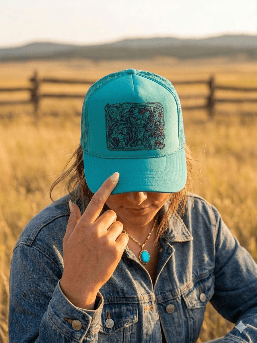 Sunflower Tooled Leather Trucker Hat - Rooted & Reckless Co.