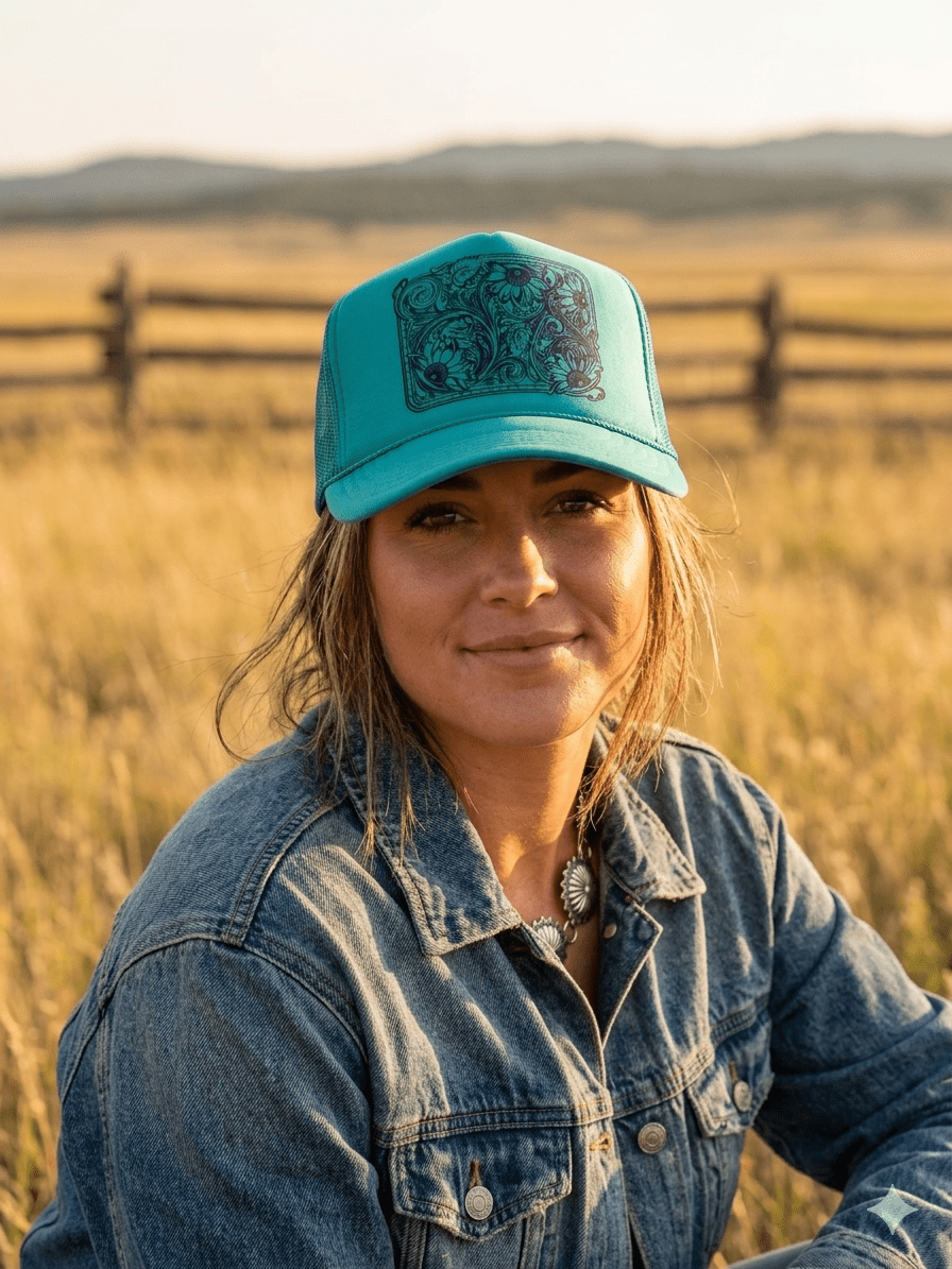 Sunflower Tooled Leather Trucker Hat - Rooted & Reckless Co.