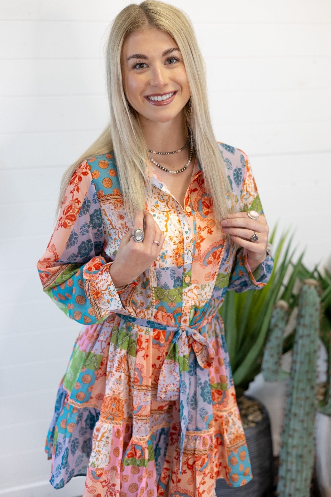 Sweet Generis Boho Floral Patchwork Chiffon Western Shirt Dress — Mid-Thigh with Collar & Adjustable Waist Tie - Rooted & Reckless Co.