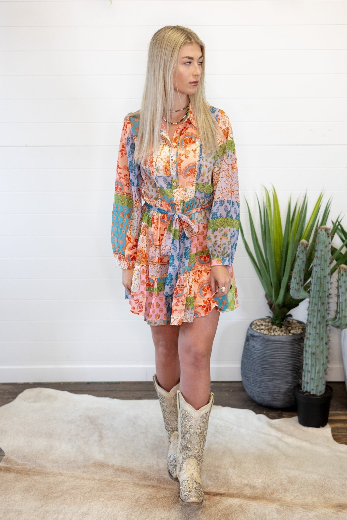 Sweet Generis Boho Floral Patchwork Chiffon Western Shirt Dress — Mid-Thigh with Collar & Adjustable Waist Tie - Rooted & Reckless Co.