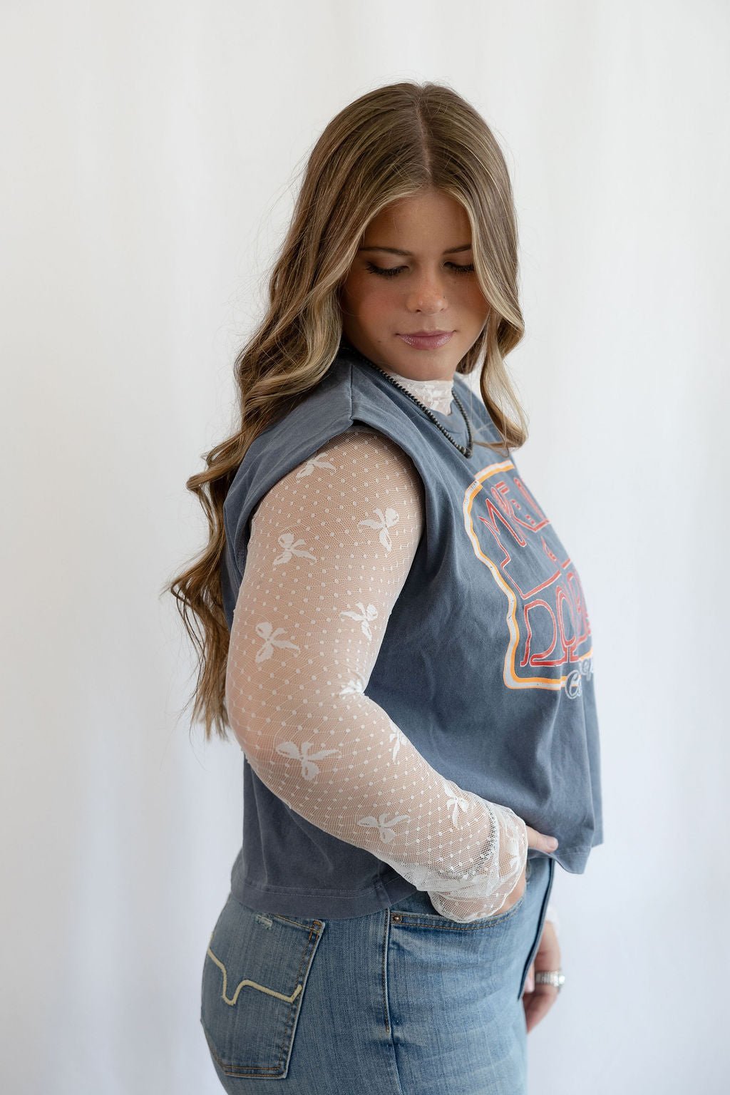 Sweet Generis Mesh Bow High Neck Long Sleeve Fitted Top — Dot Mesh with Small Bow Detail (Black & Off White) - Rooted & Reckless Co.
