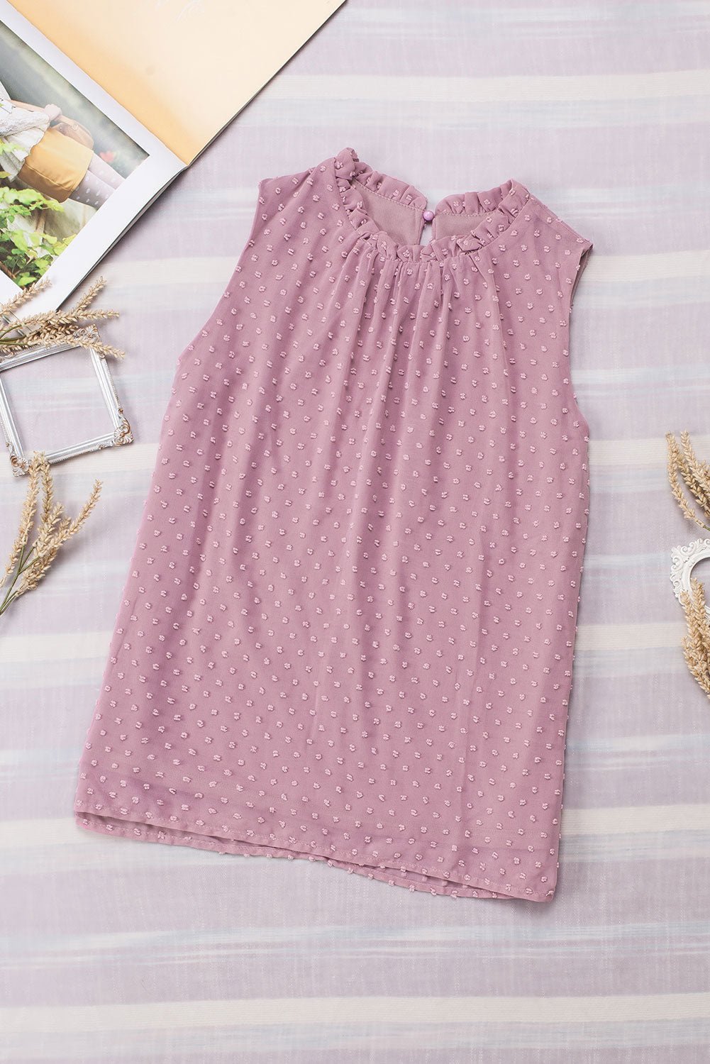 Swiss Dot Sleeveless Ruffle Crewneck Tank - Rooted & Reckless Co.
