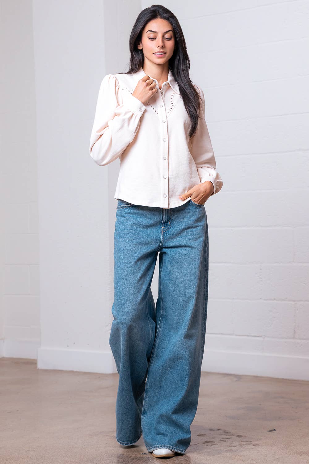 Taelynn "Amarillo" Studded Yoke Western Blouse — Cream Pearl Snap Long Puff Sleeve with Raw Edge Yoke - Rooted & Reckless Co.