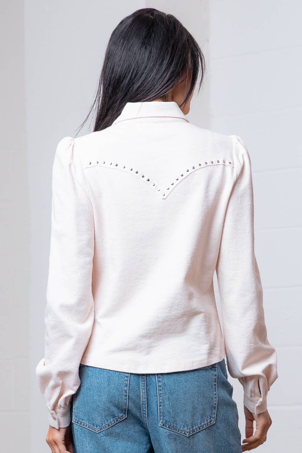 Taelynn "Amarillo" Studded Yoke Western Blouse — Cream Pearl Snap Long Puff Sleeve with Raw Edge Yoke - Rooted & Reckless Co.