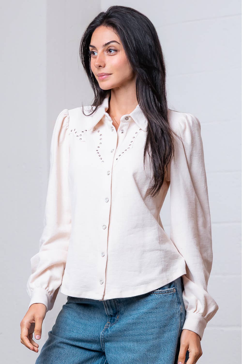 Taelynn "Amarillo" Studded Yoke Western Blouse — Cream Pearl Snap Long Puff Sleeve with Raw Edge Yoke - Rooted & Reckless Co.