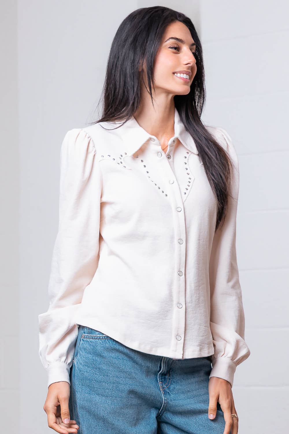 Taelynn "Amarillo" Studded Yoke Western Blouse — Cream Pearl Snap Long Puff Sleeve with Raw Edge Yoke - Rooted & Reckless Co.