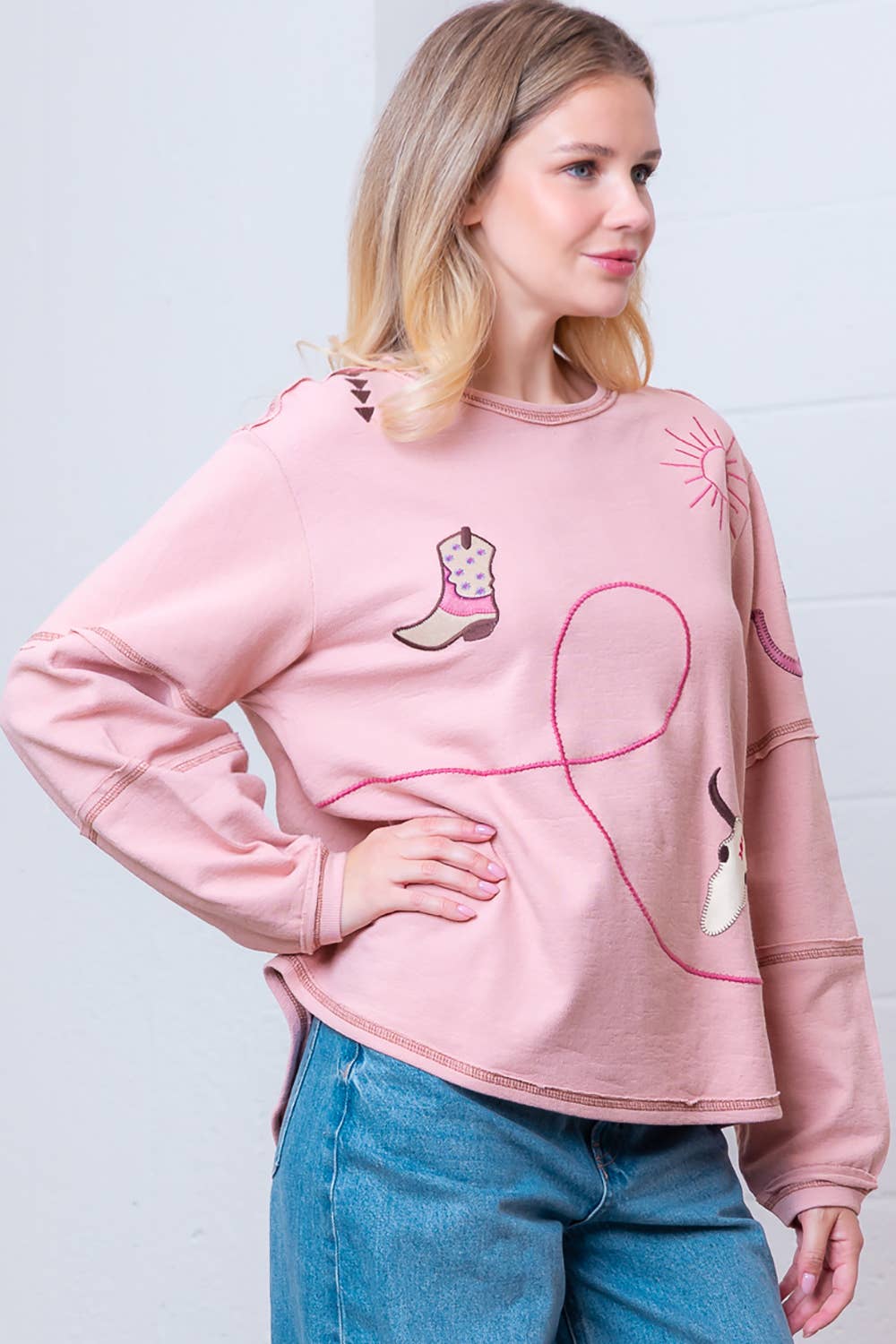 Taelynn "Outlaw" Western Embroidered Long-Sleeve Top — Soft Mauve Boat Neck with Exposed Seams - Rooted & Reckless Co.