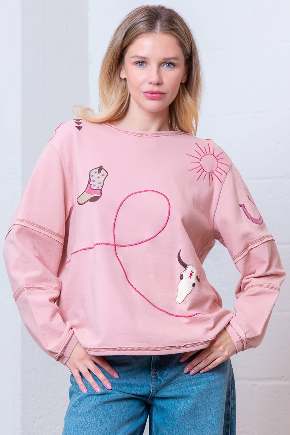 Taelynn "Outlaw" Western Embroidered Long-Sleeve Top — Soft Mauve Boat Neck with Exposed Seams - Rooted & Reckless Co.