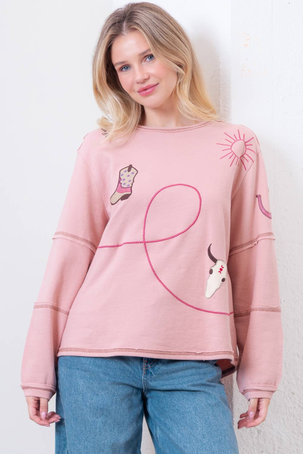 Taelynn "Outlaw" Western Embroidered Long-Sleeve Top — Soft Mauve Boat Neck with Exposed Seams - Rooted & Reckless Co.