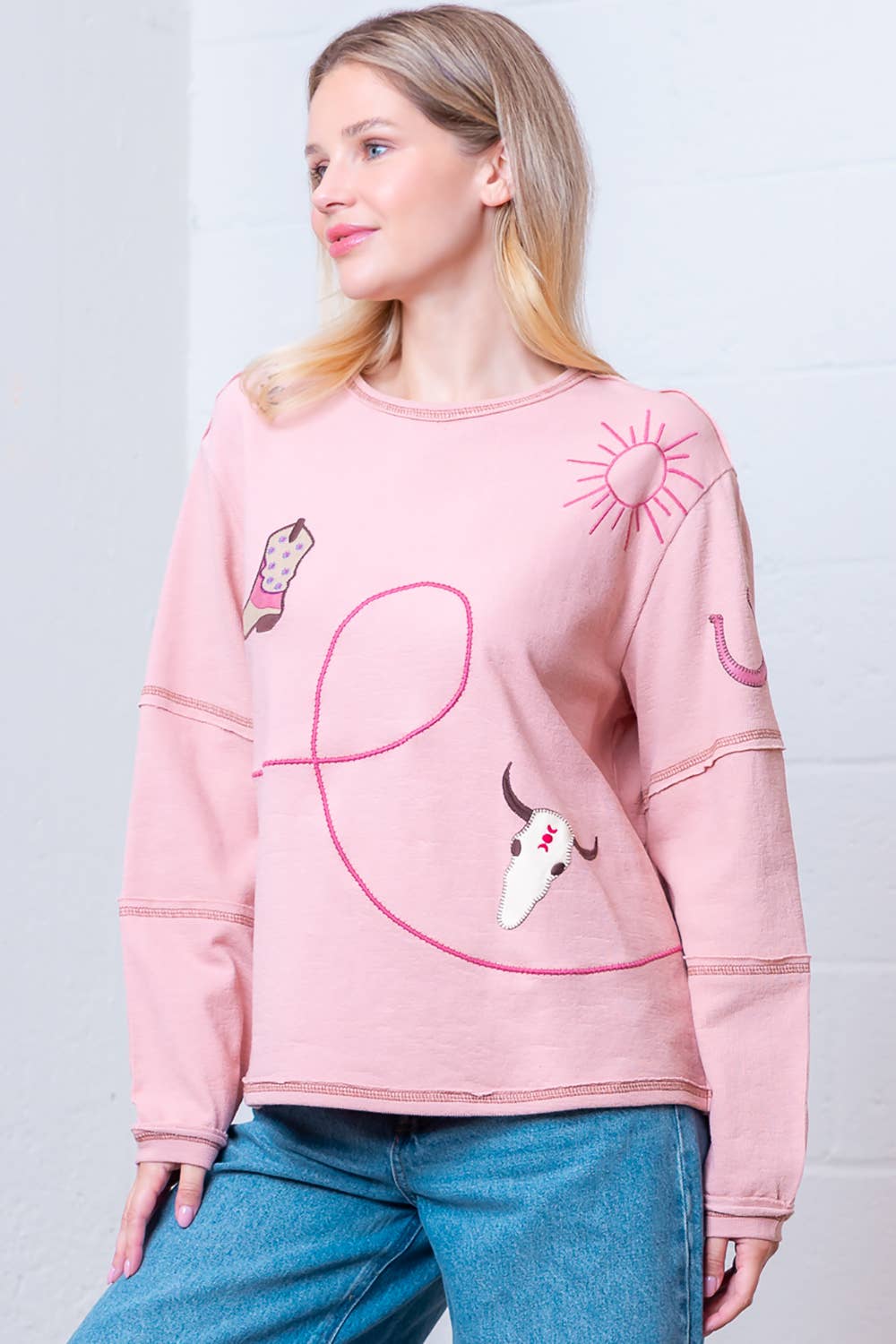 Taelynn "Outlaw" Western Embroidered Long-Sleeve Top — Soft Mauve Boat Neck with Exposed Seams - Rooted & Reckless Co.