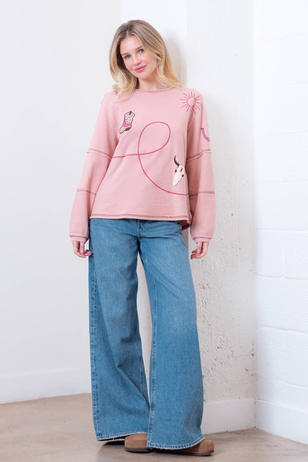 Taelynn "Outlaw" Western Embroidered Long-Sleeve Top — Soft Mauve Boat Neck with Exposed Seams - Rooted & Reckless Co.