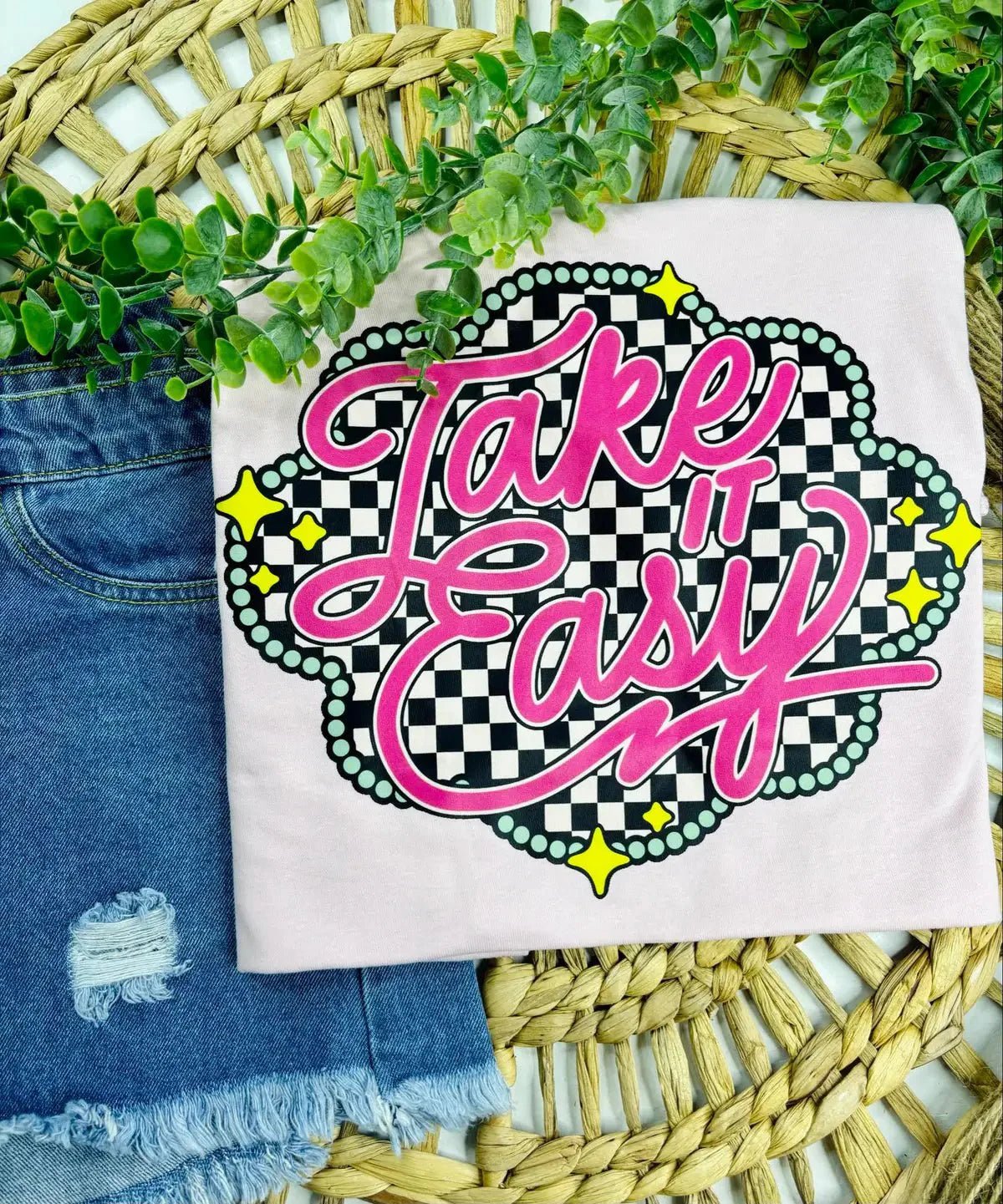 "Take It Easy" Western Graphic Tee — Pale Pink Tultex Soft Style with DTF Print - Rooted & Reckless Co.