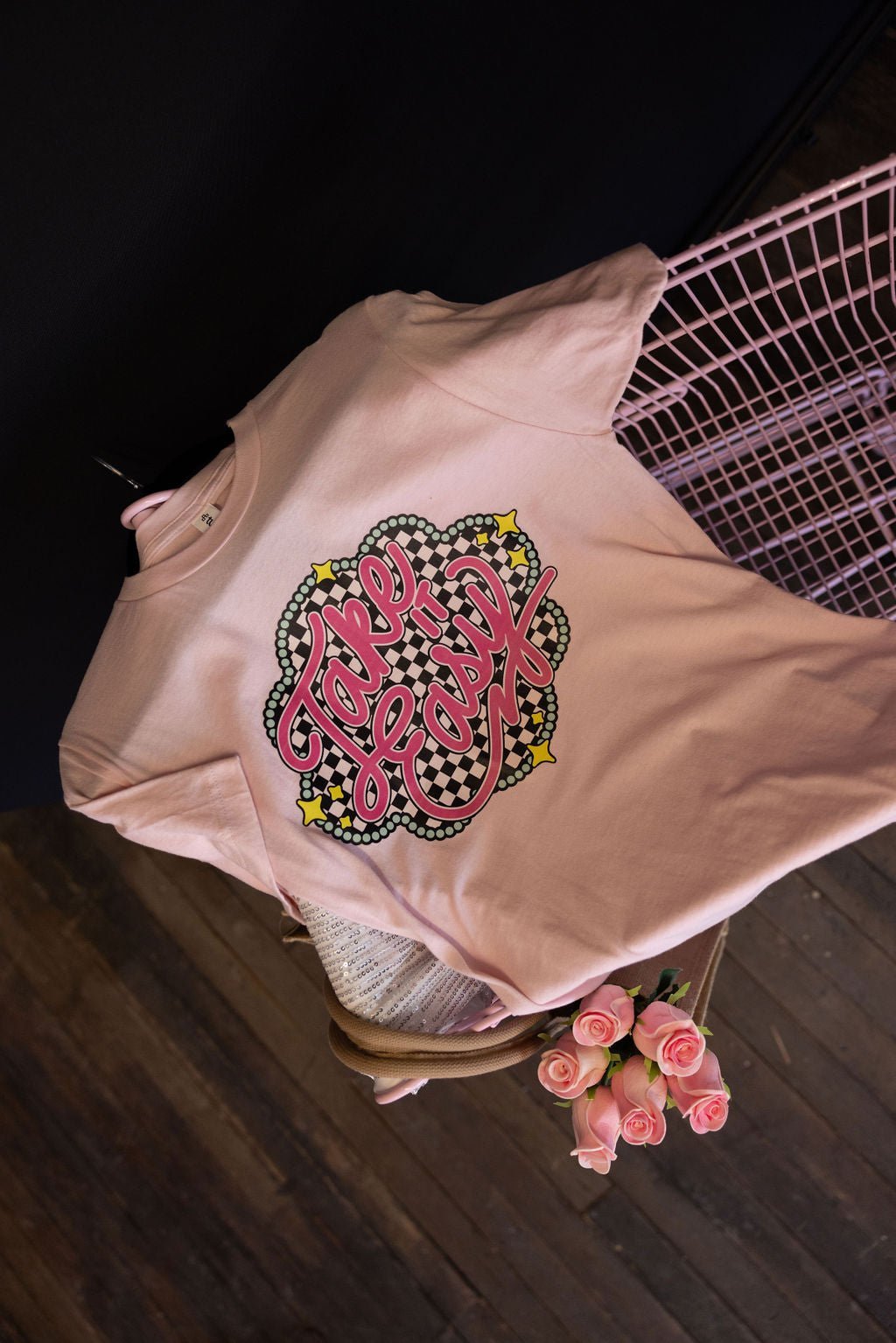 "Take It Easy" Western Graphic Tee — Pale Pink Tultex Soft Style with DTF Print - Rooted & Reckless Co.