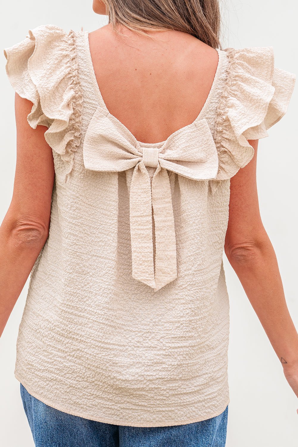 Textured Bow Back Frilled Butterfly Sleeve Blouse - Rooted & Reckless Co.