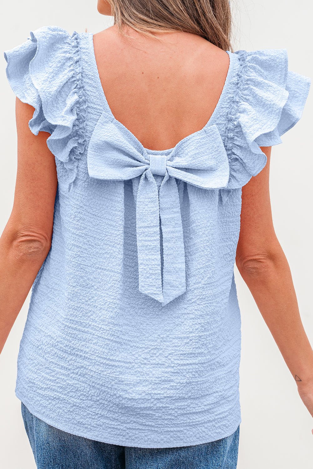 Textured Bow Back Frilled Butterfly Sleeve Blouse - Rooted & Reckless Co.