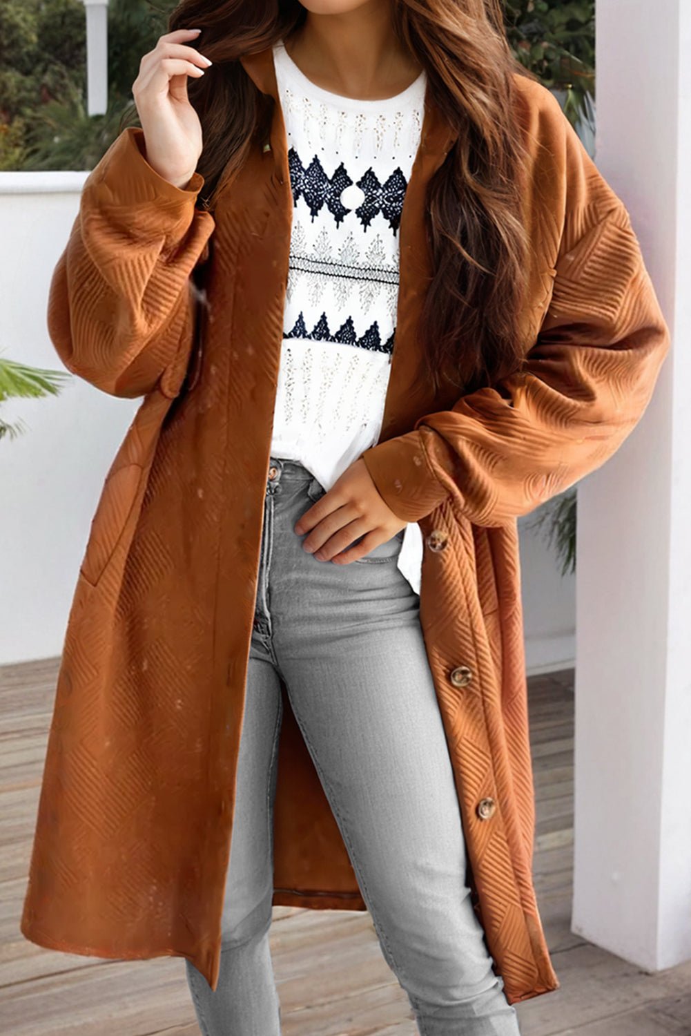 Textured Collared Button-Up Drop Shoulder Coat - Rooted & Reckless Co.