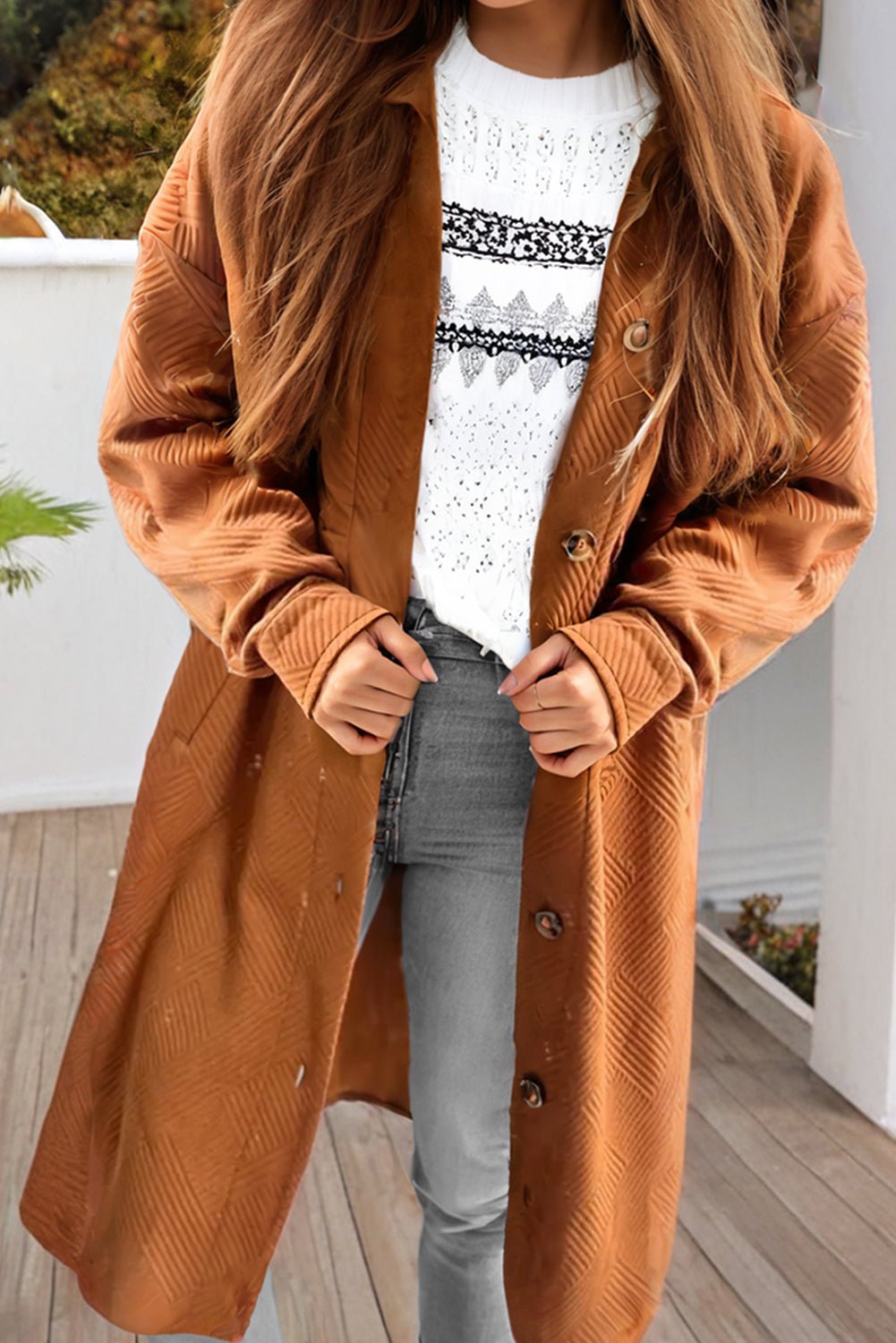 Textured Collared Button-Up Drop Shoulder Coat - Rooted & Reckless Co.