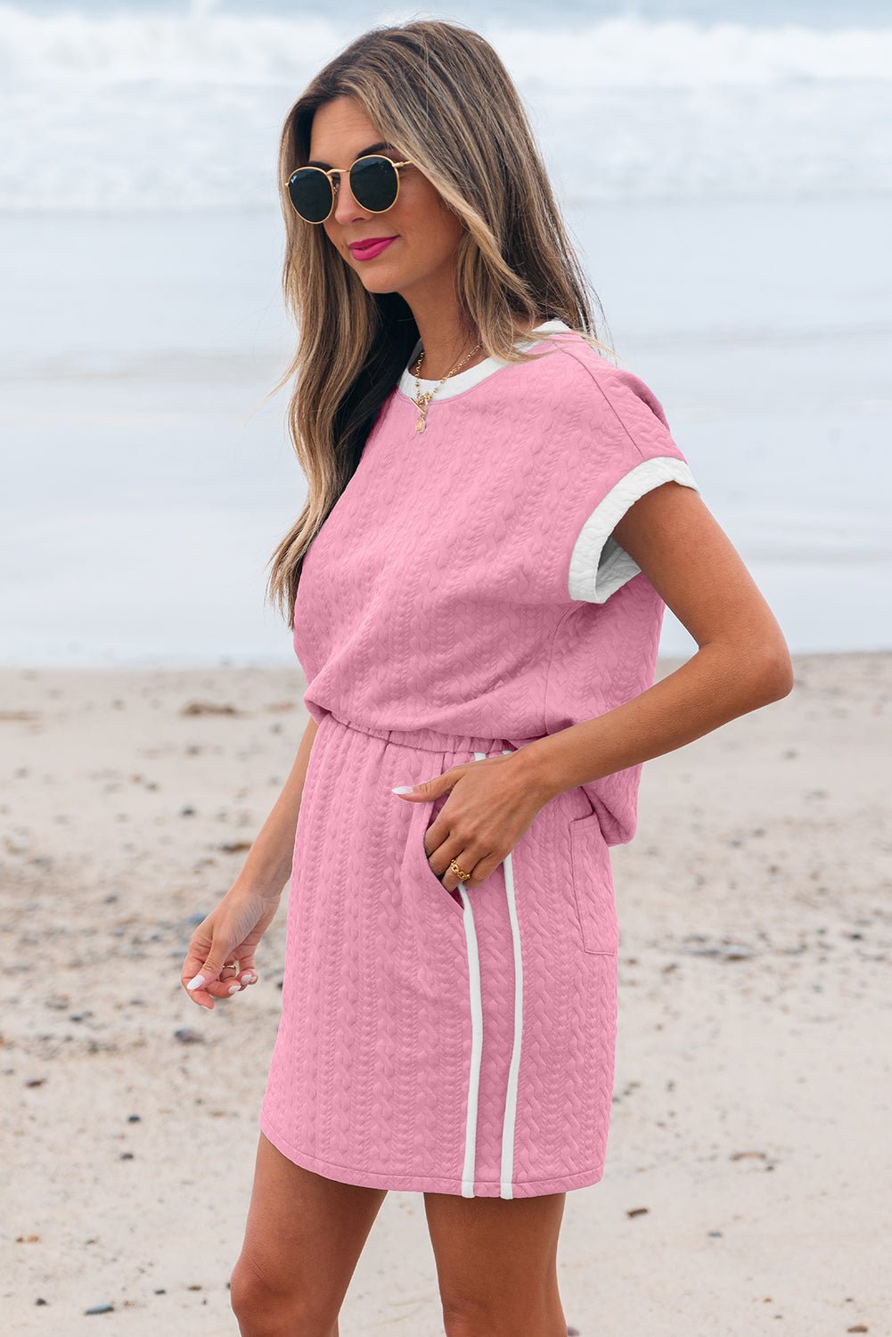 Textured Contrast Trim Crewneck Tee & Pocketed Skirt Set - Rooted & Reckless Co.
