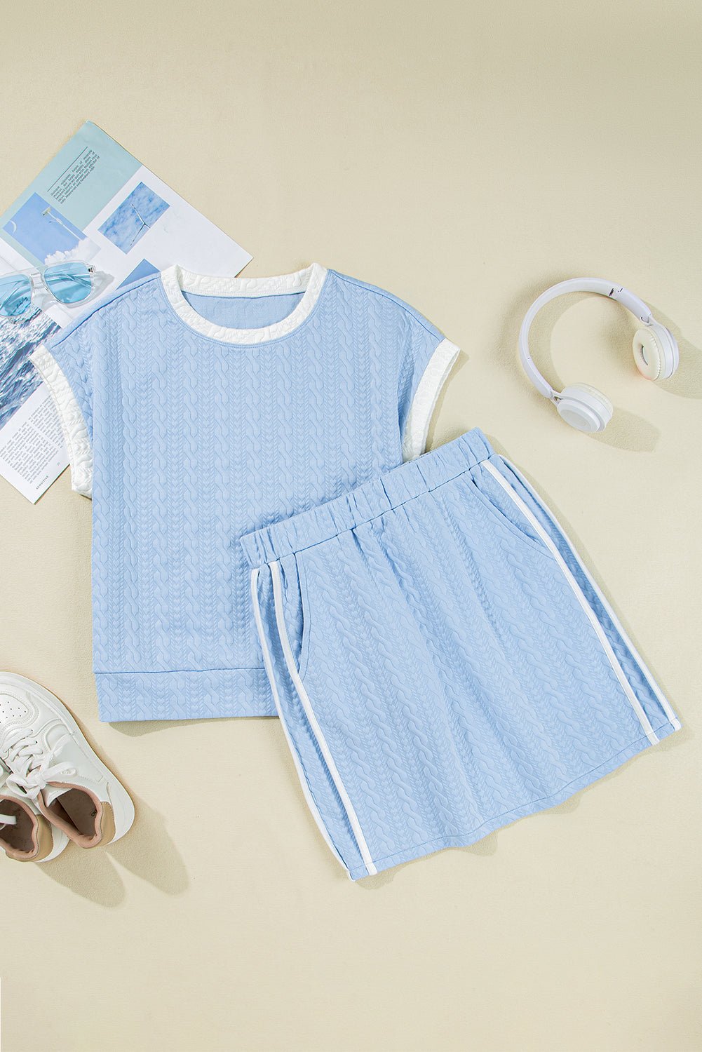 Textured Contrast Trim Crewneck Tee & Pocketed Skirt Set - Rooted & Reckless Co.