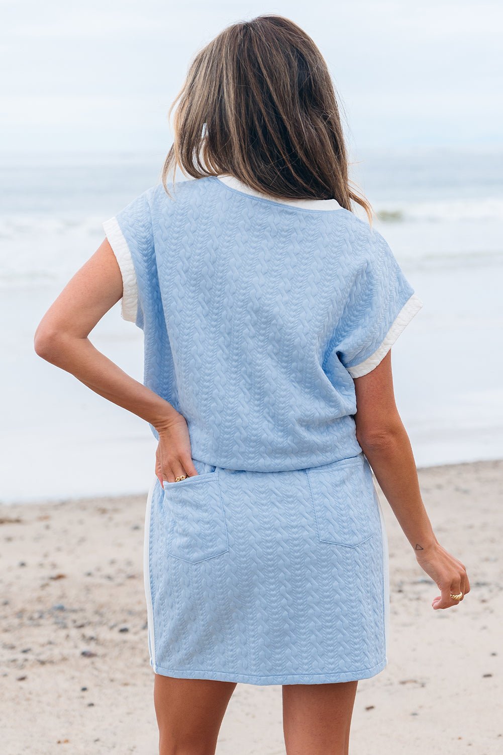 Textured Contrast Trim Crewneck Tee & Pocketed Skirt Set - Rooted & Reckless Co.