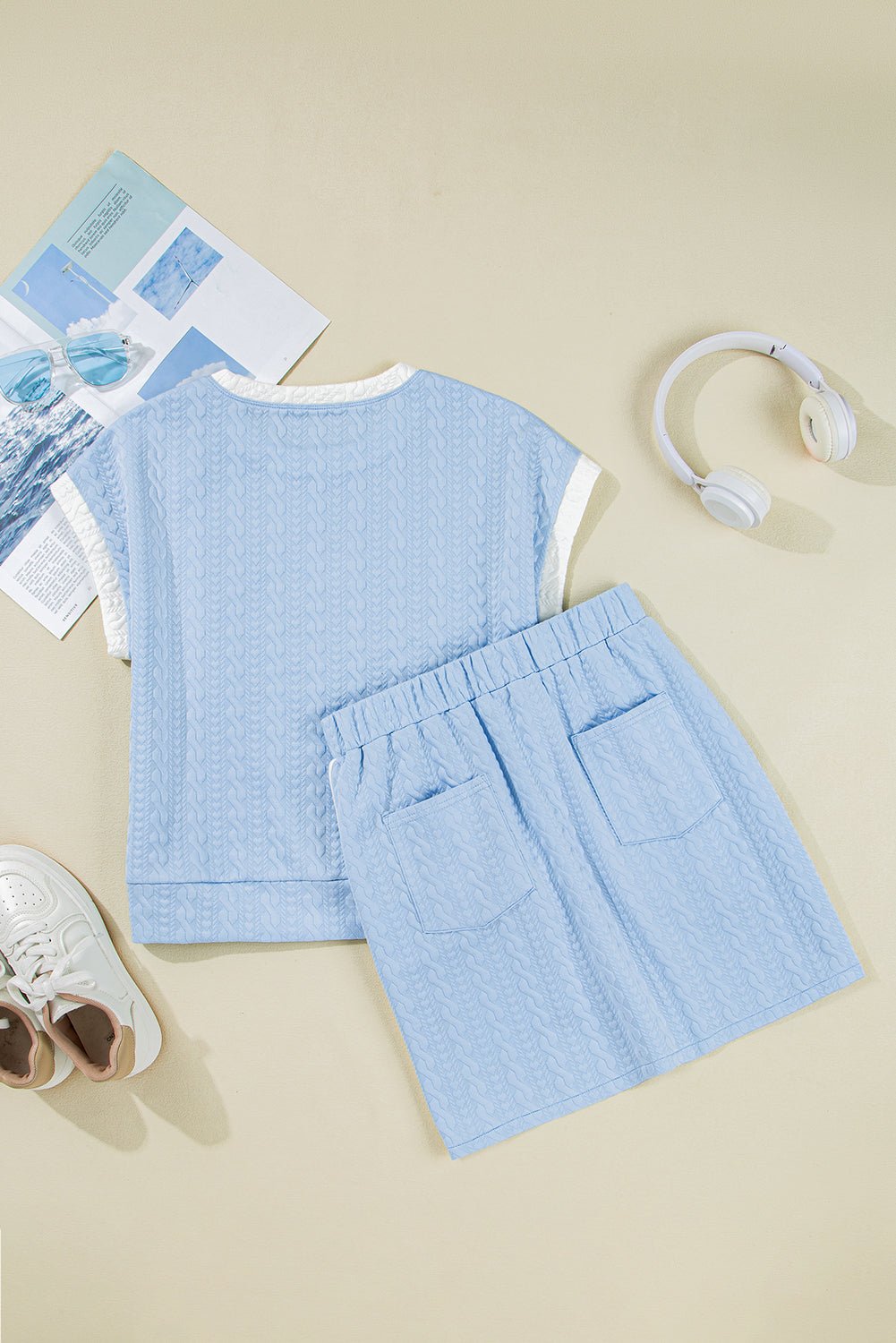 Textured Contrast Trim Crewneck Tee & Pocketed Skirt Set - Rooted & Reckless Co.