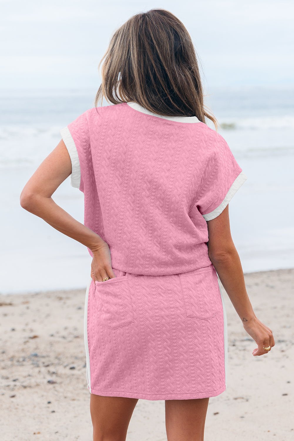Textured Contrast Trim Crewneck Tee & Pocketed Skirt Set - Rooted & Reckless Co.