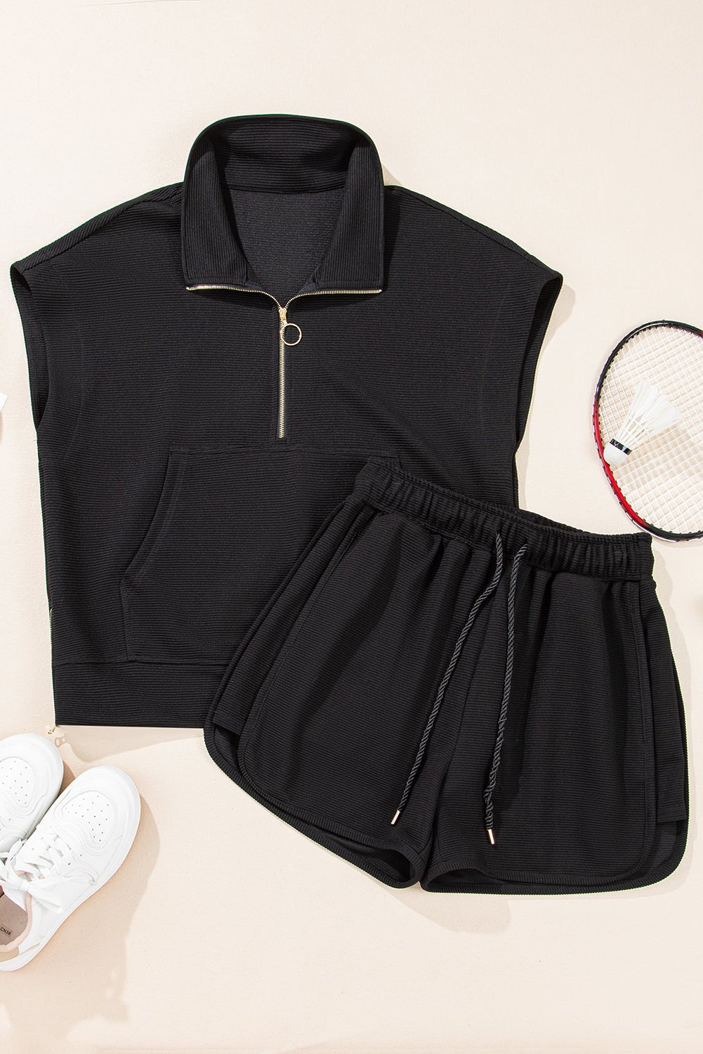 Textured Half-Zip Top & Drawstring Shorts Set - Rooted & Reckless Co.