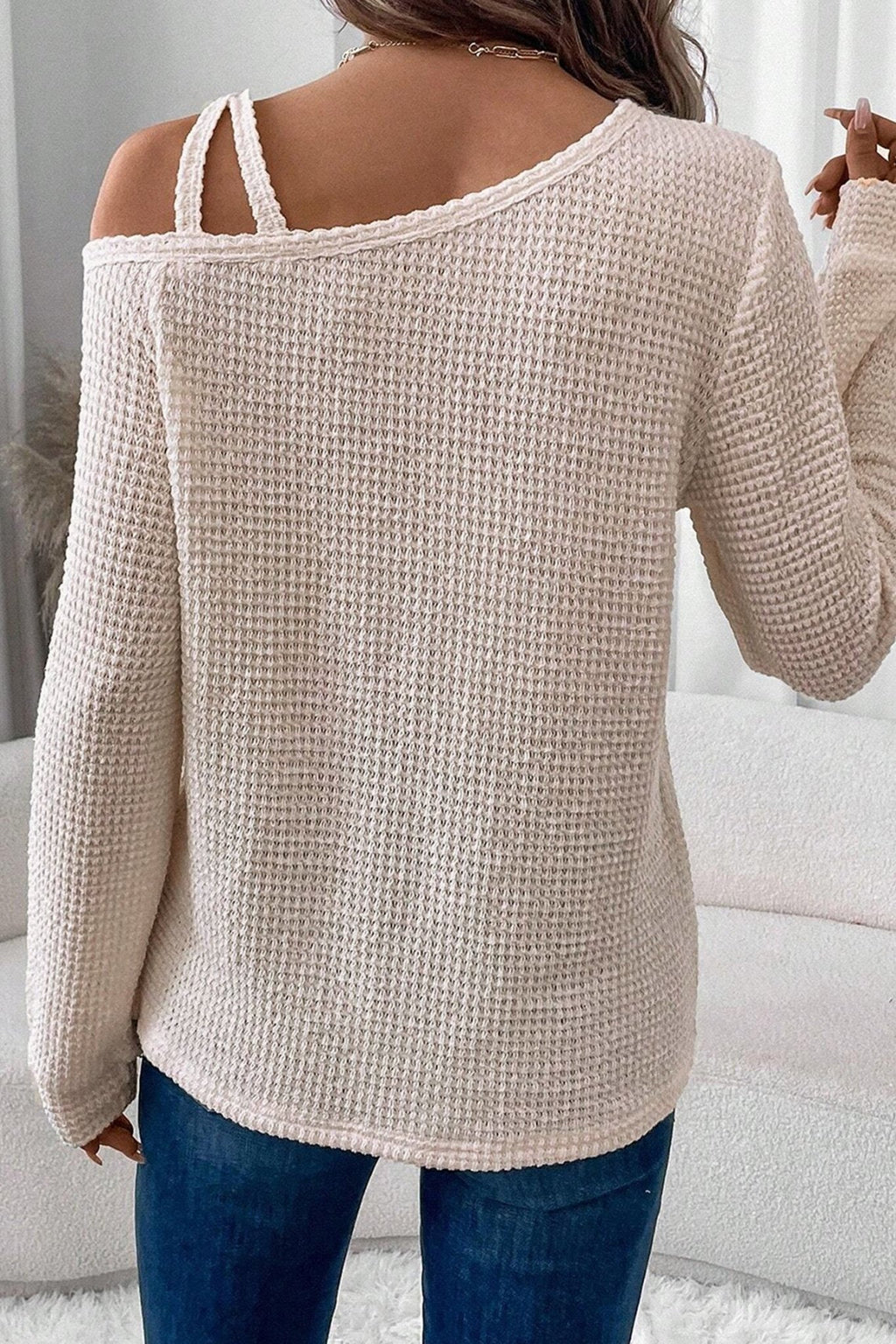 Textured Knit Asymmetric Shoulder Long Sleeve Top - Rooted & Reckless Co.