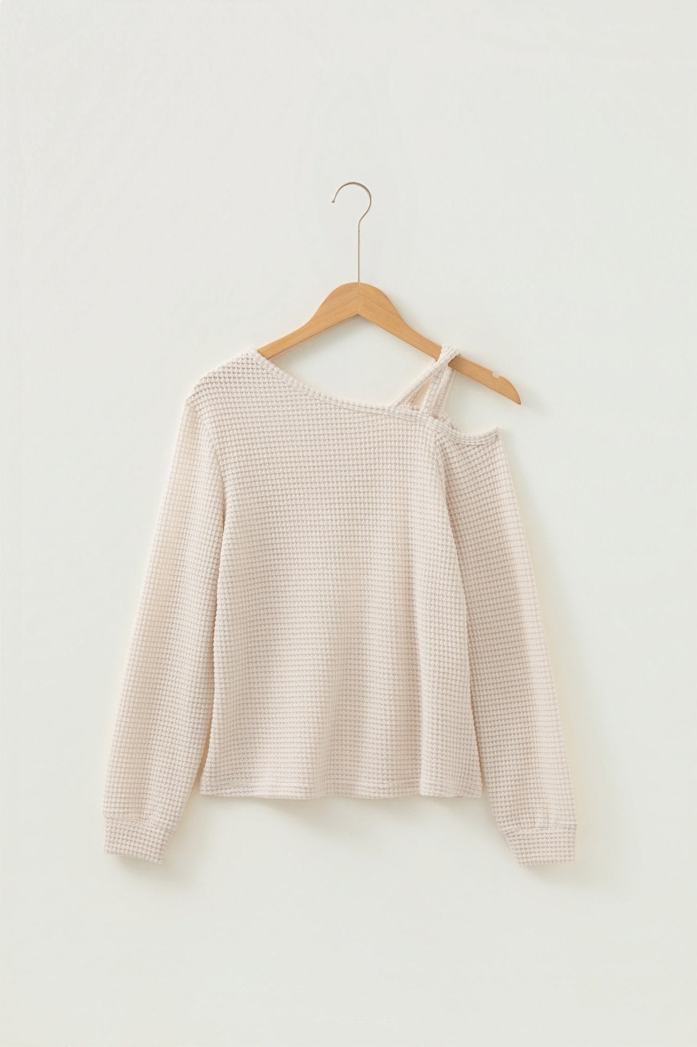 Textured Knit Asymmetric Shoulder Long Sleeve Top - Rooted & Reckless Co.
