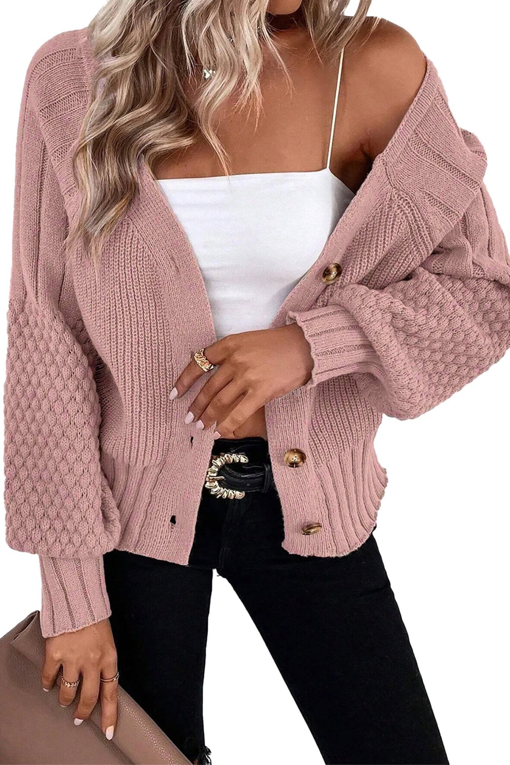 Textured Knit Button Front V-Neck Cardigan - Rooted & Reckless Co.