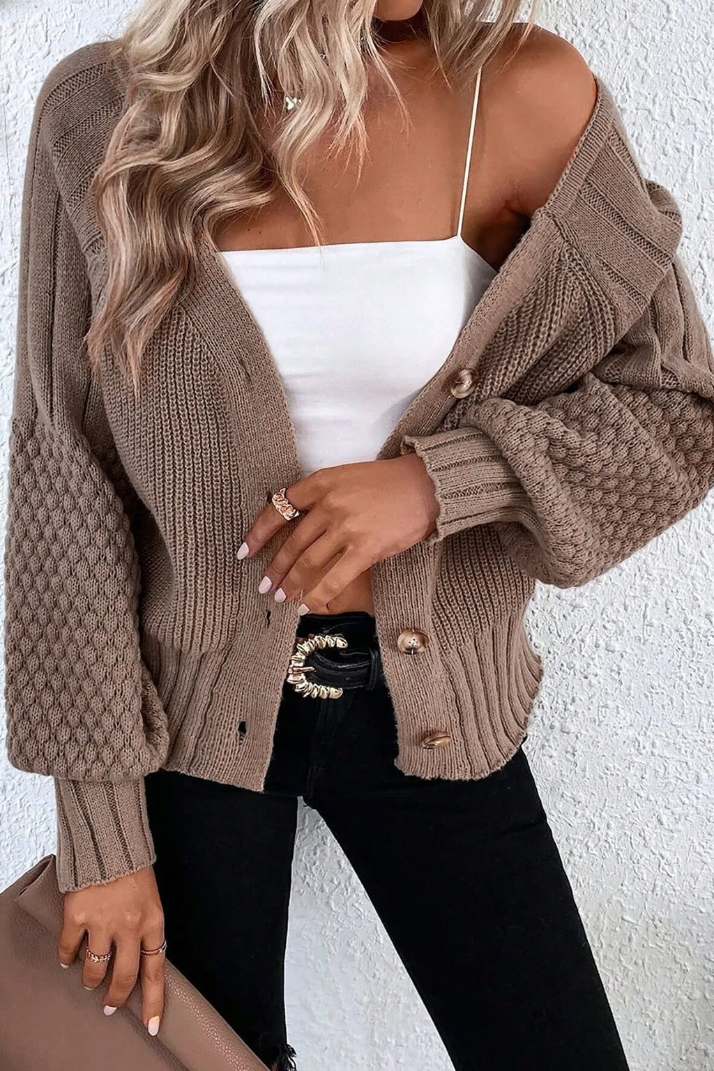 Textured Knit Button Front V-Neck Cardigan - Rooted & Reckless Co.