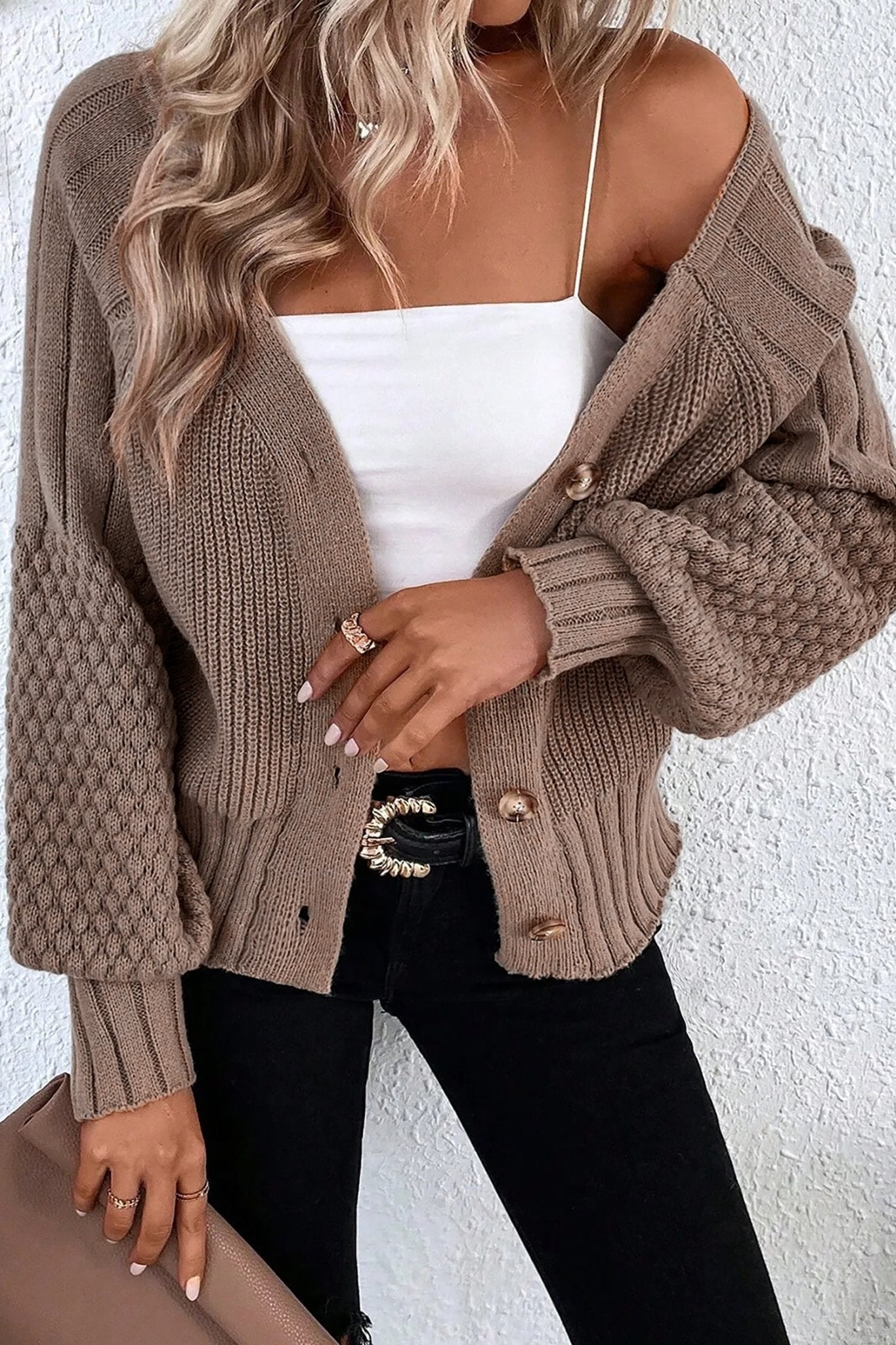 Textured Knit Button Front V-Neck Cardigan - Rooted & Reckless Co.