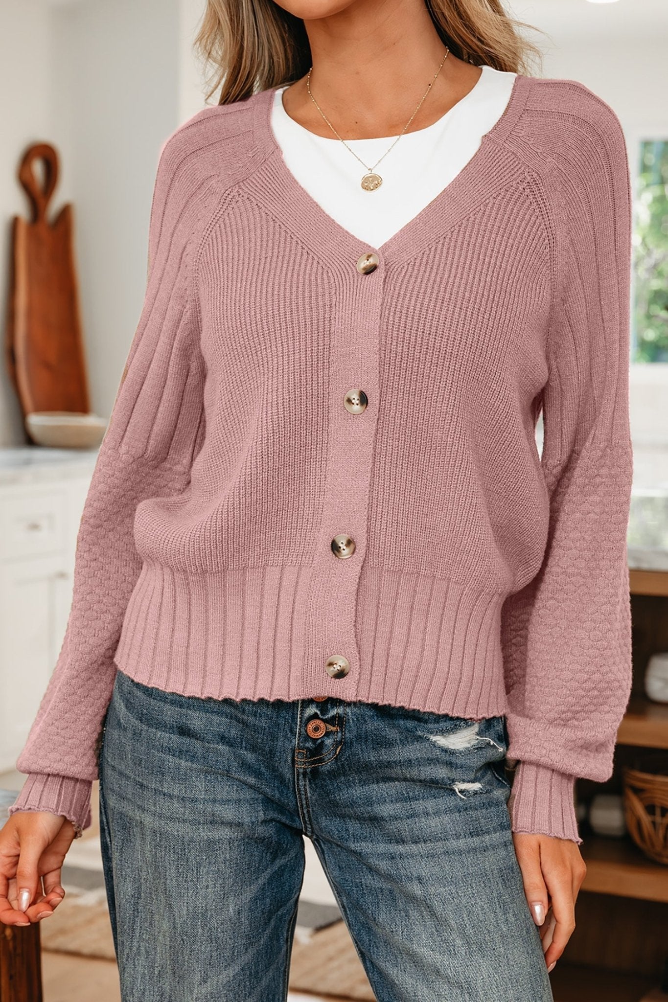 Textured Knit Button Front V-Neck Cardigan - Rooted & Reckless Co.