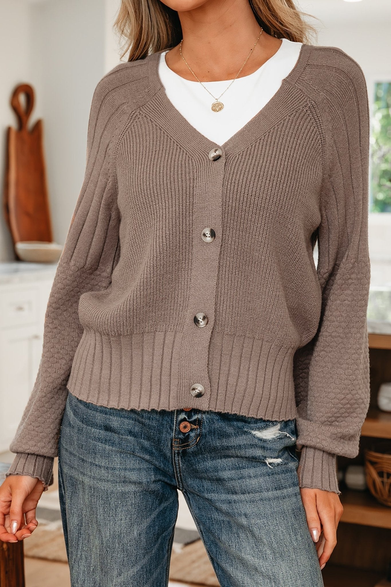 Textured Knit Button Front V-Neck Cardigan - Rooted & Reckless Co.