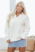 Textured Knit Collared V-Neck Pullover Sweatshirt - Rooted & Reckless Co.