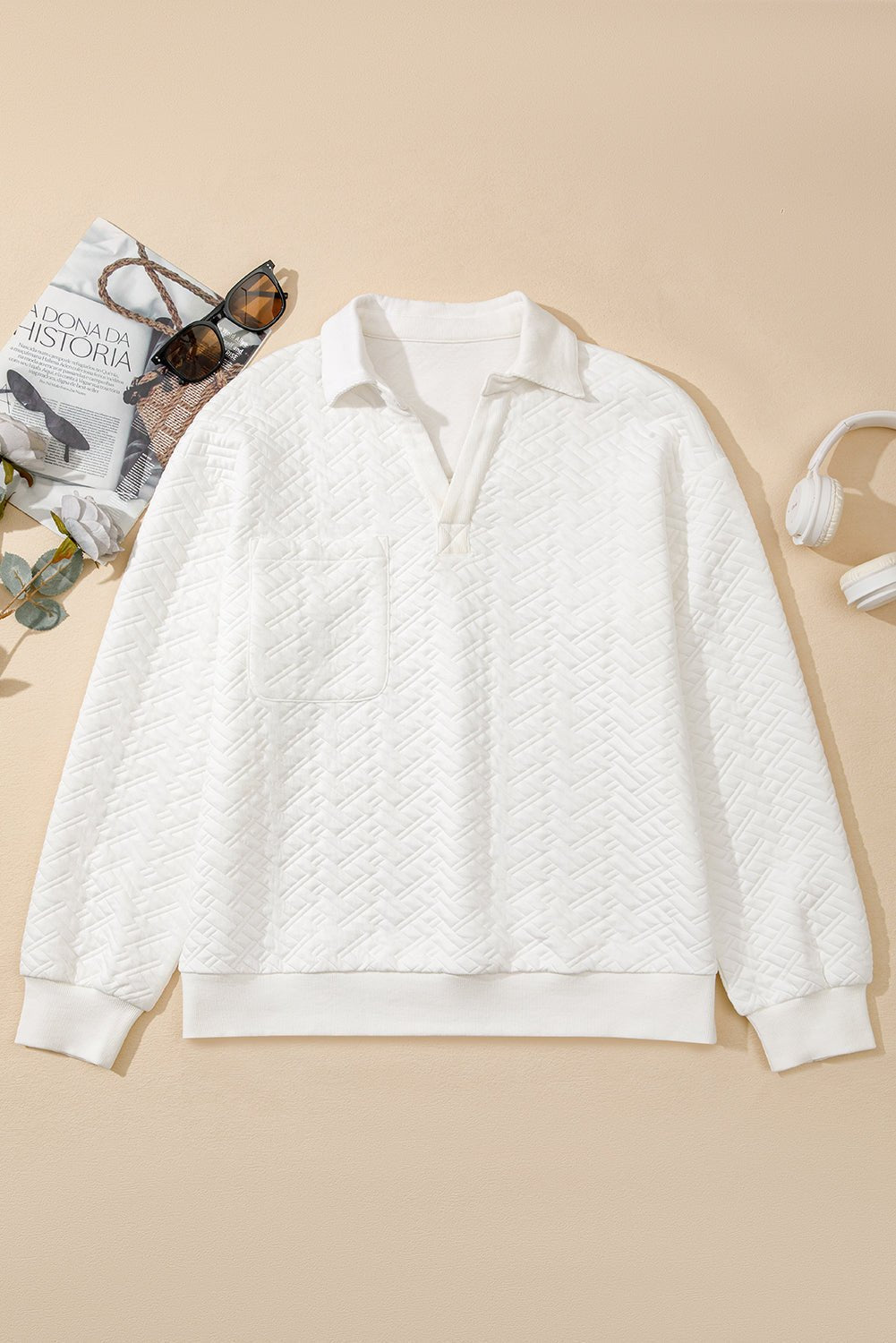 Textured Knit Collared V-Neck Pullover Sweatshirt - Rooted & Reckless Co.