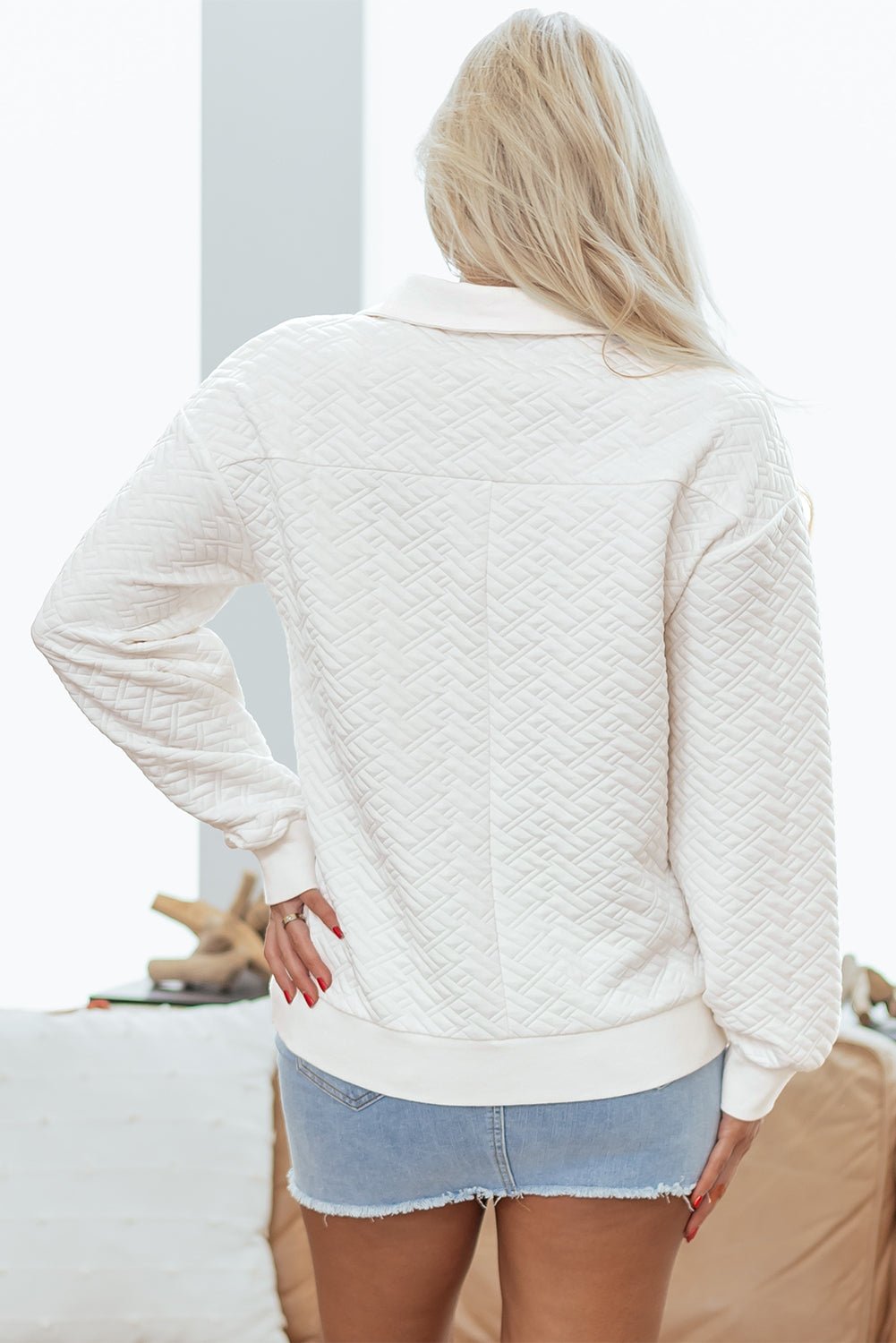 Textured Knit Collared V-Neck Pullover Sweatshirt - Rooted & Reckless Co.