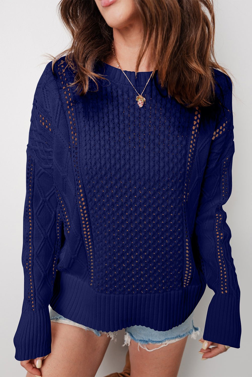Textured Knit Eyelet Long Sleeve Sweater - Rooted & Reckless Co.