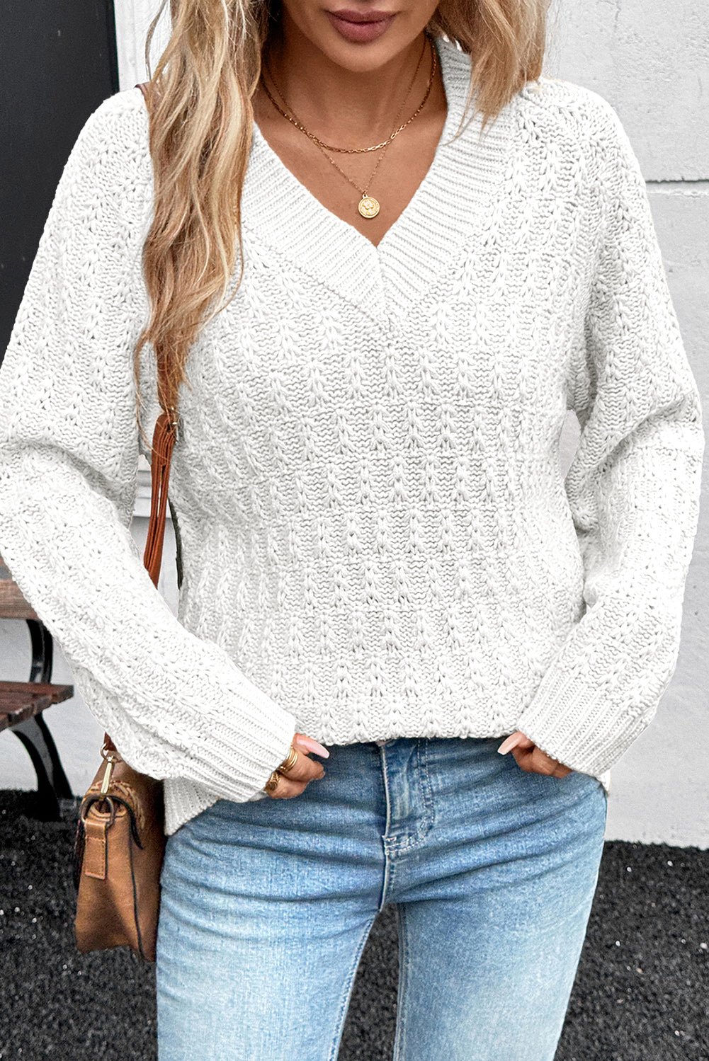 Textured Knit Ribbed Edge V-Neck Sweater - Rooted & Reckless Co.