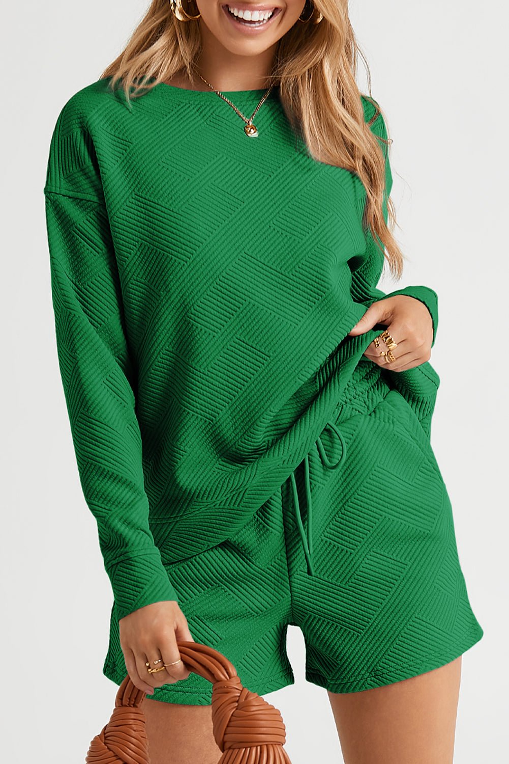 Textured Long Sleeve Top and Drawstring Shorts Set - Rooted & Reckless Co.