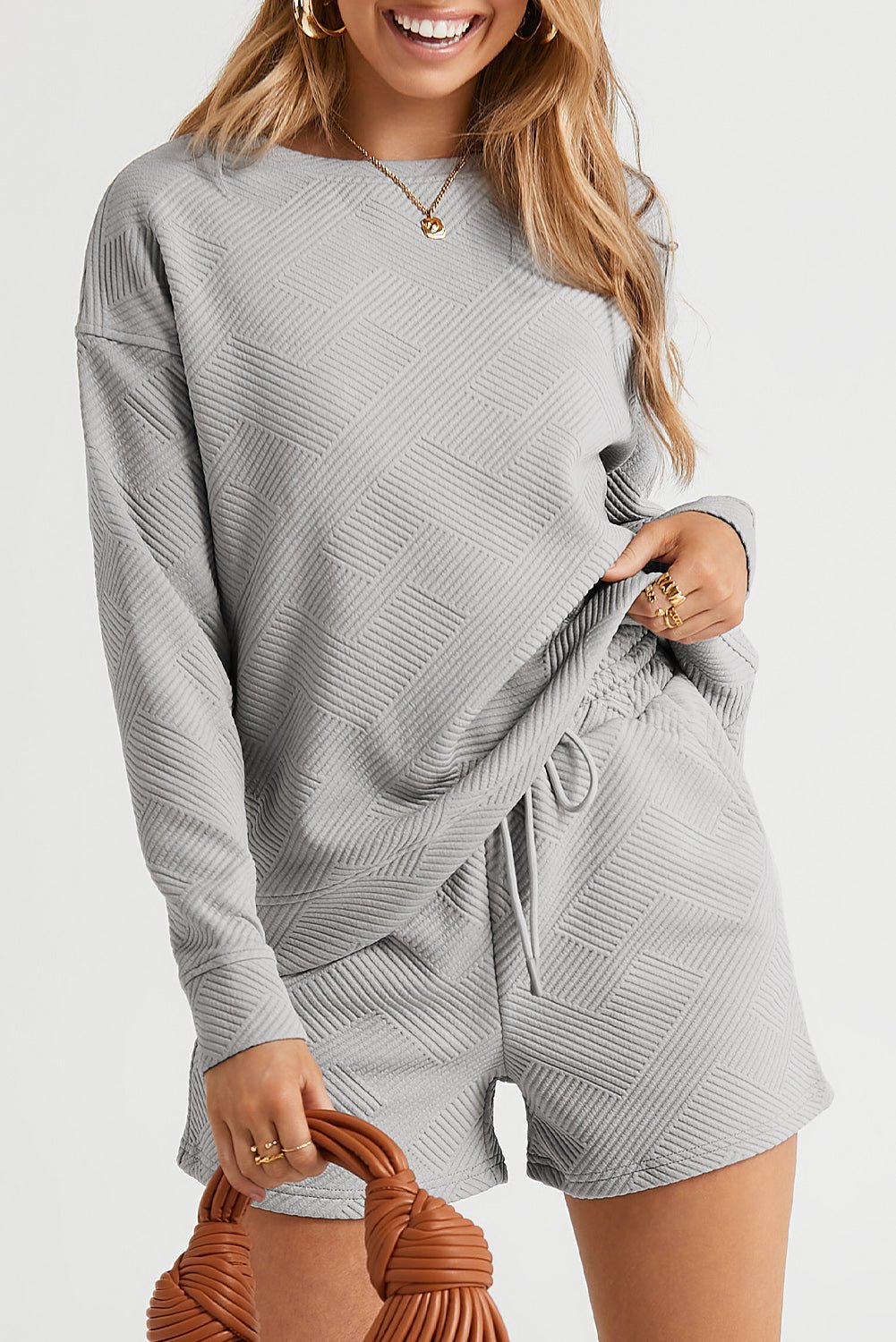 Textured Long Sleeve Top and Drawstring Shorts Set - Rooted & Reckless Co.