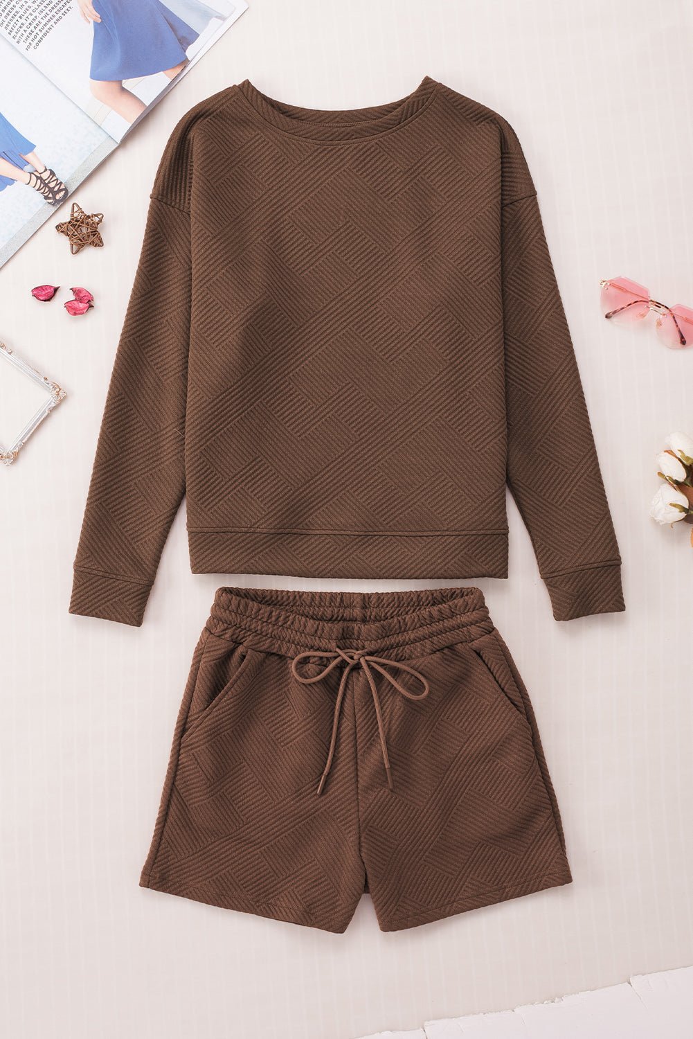 Textured Long Sleeve Top and Drawstring Shorts Set - Rooted & Reckless Co.