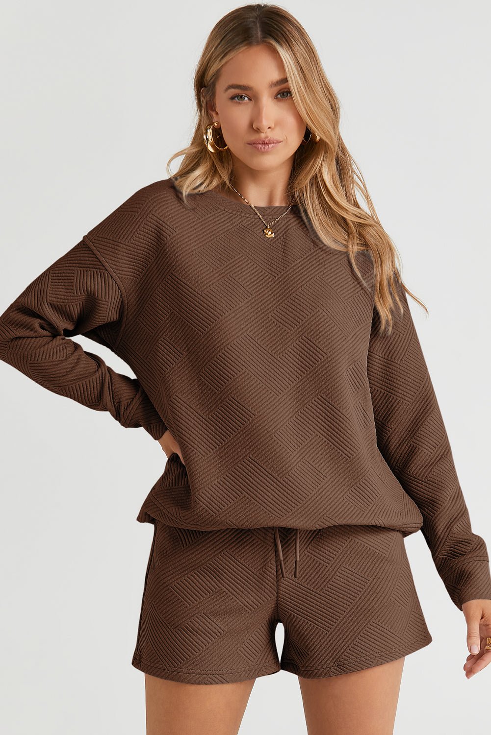 Textured Long Sleeve Top and Drawstring Shorts Set - Rooted & Reckless Co.