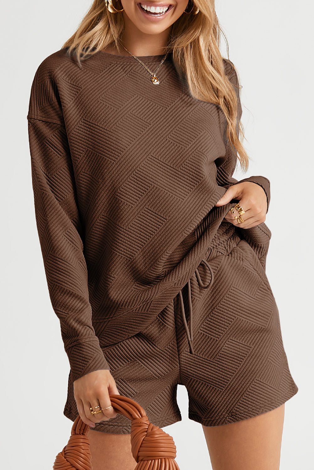 Textured Long Sleeve Top and Drawstring Shorts Set - Rooted & Reckless Co.
