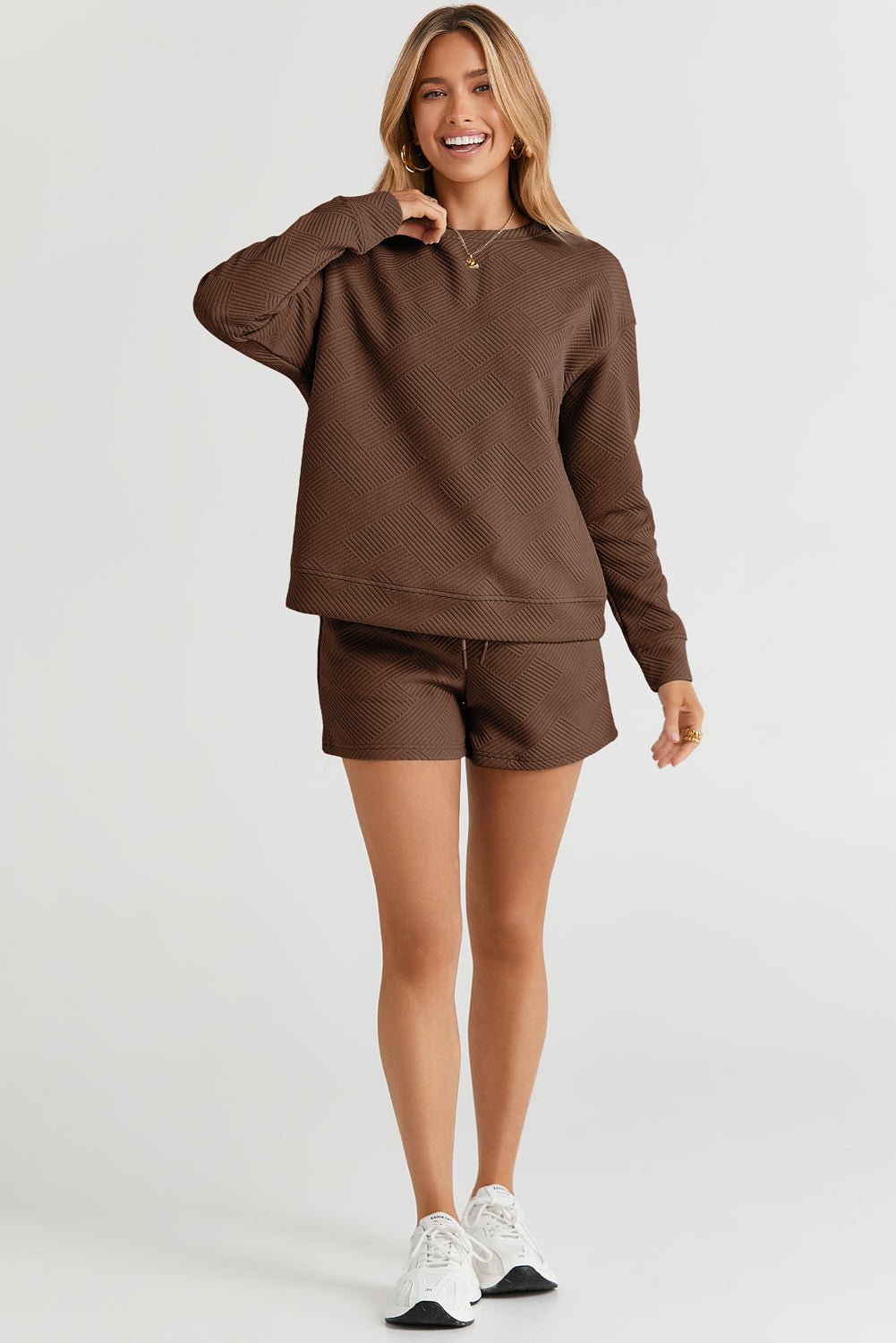 Textured Long Sleeve Top and Drawstring Shorts Set - Rooted & Reckless Co.