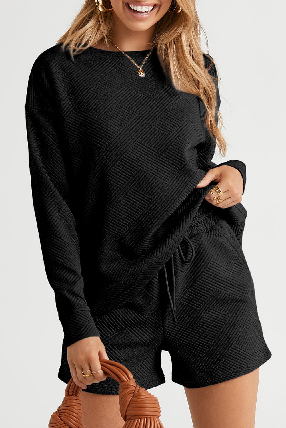 Textured Long Sleeve Top and Drawstring Shorts Set - Rooted & Reckless Co.