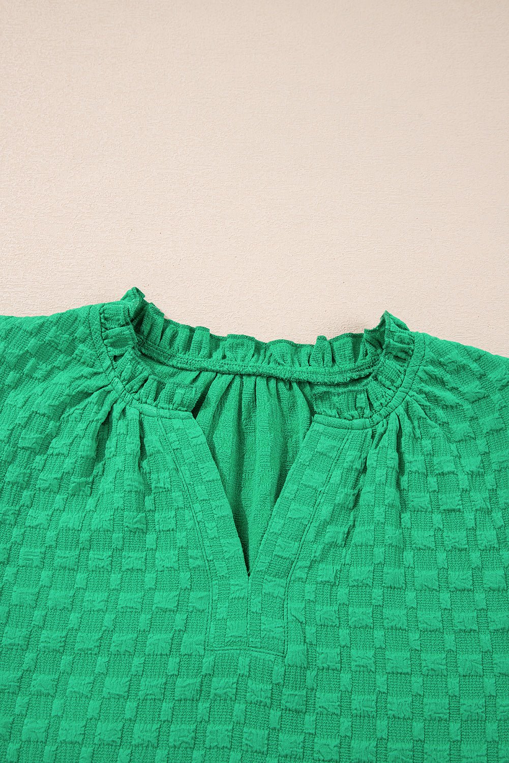 Textured Short Puff Sleeve Notch V-Neck Top - Rooted & Reckless Co.