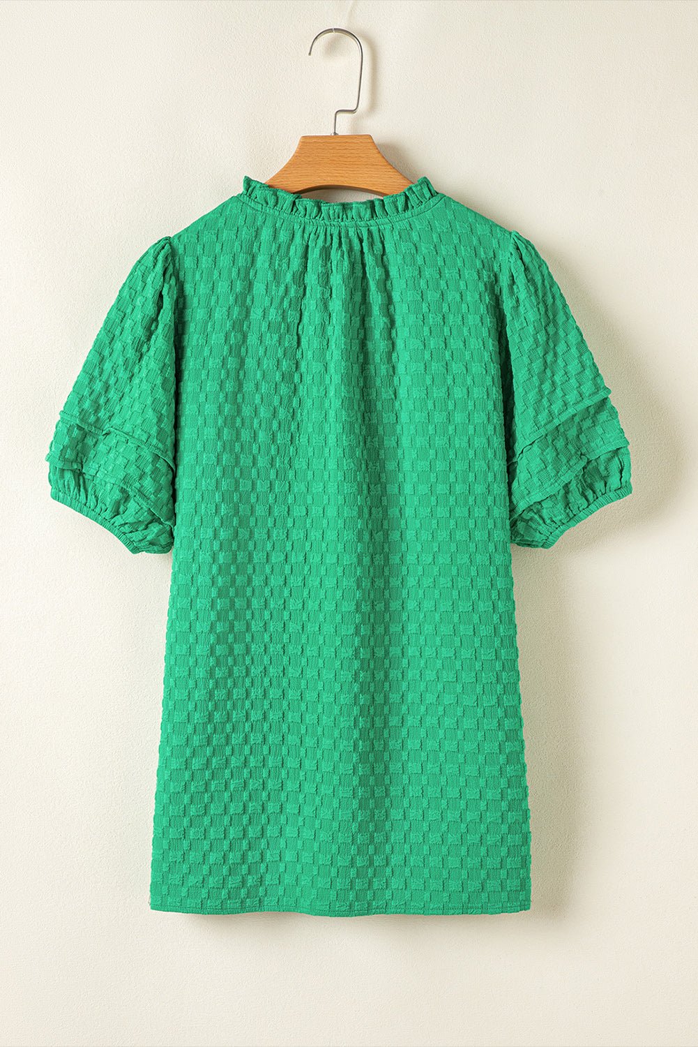 Textured Short Puff Sleeve Notch V-Neck Top - Rooted & Reckless Co.